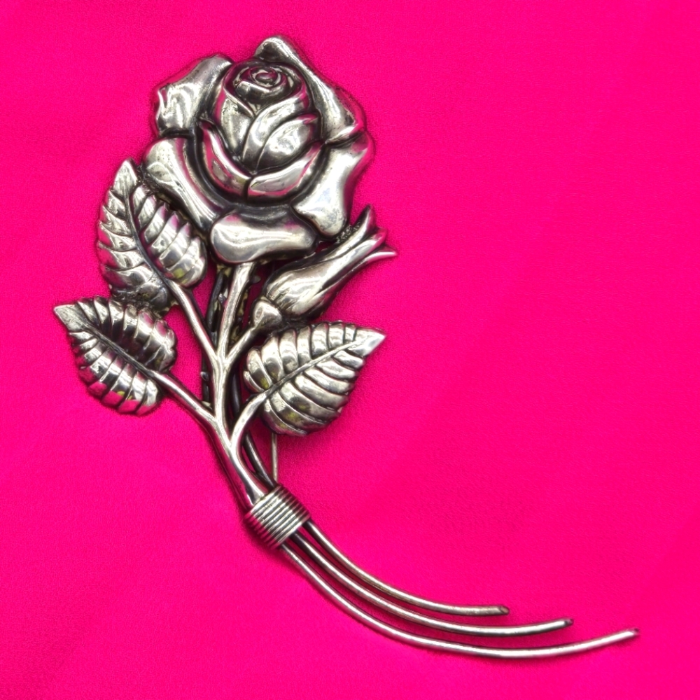 Signed Danecraft Sterling Large Rose Flower Pin Rare From Estate Big 4 Inches